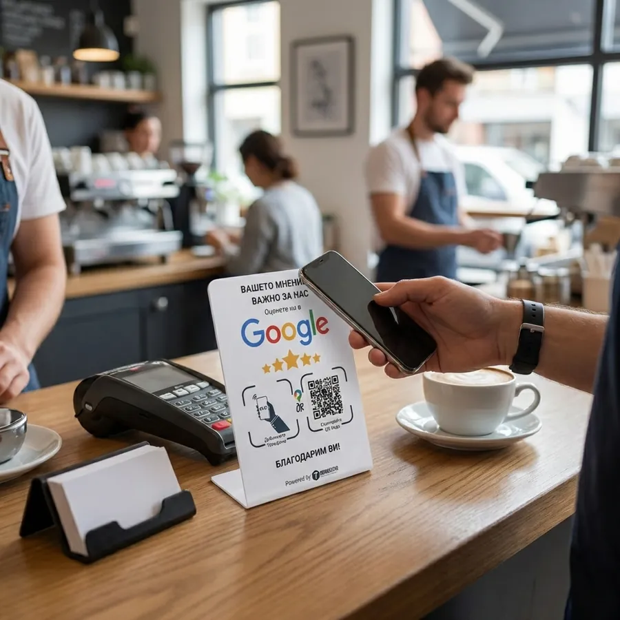 Клиент докосва NFC табелата с телефон в кафене